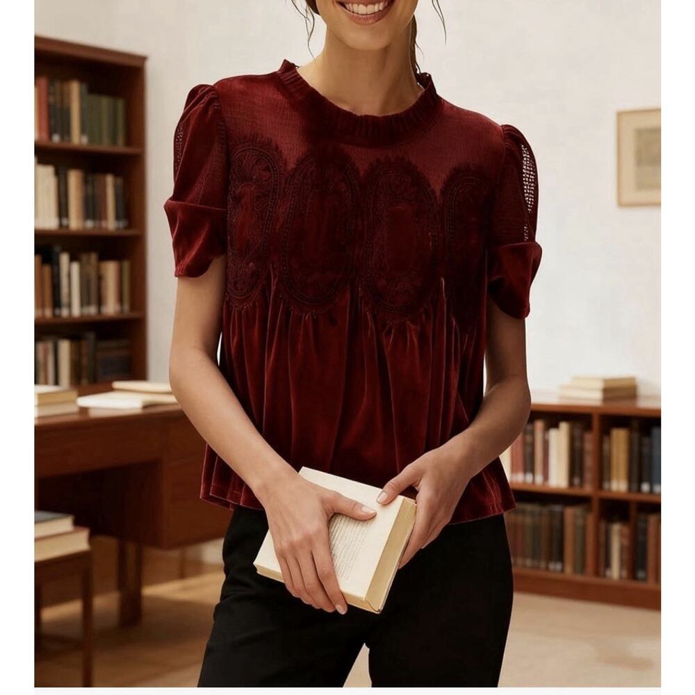 Free People Inspired Velvet Babydoll Lace Victorian Top In Burgundy Sz S - Picture 5 of 7